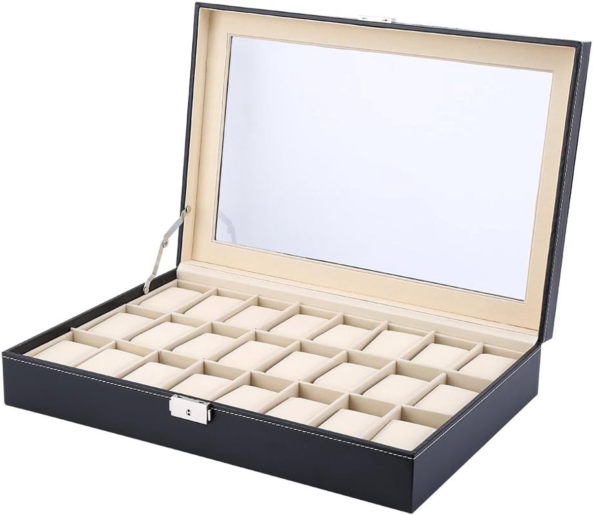 Watch box voor 24 watches - juwelendoos - opbergdoos - horlogecase met metalen slot en horlogekussen - glazen deksel - 43 x 29 x 8.5 cm