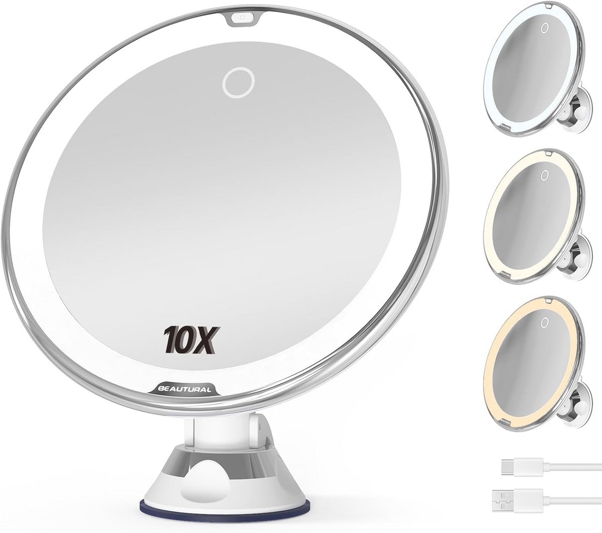 Make-upspiegel met 10-voudige vergroting en LED-verlichting