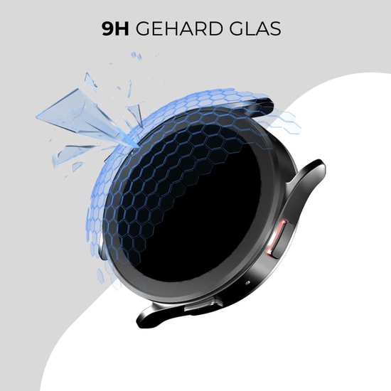 Zwart smartwatch met gebroken glas effect als bescherming, met tekst '9H GEHARD GLAS'.