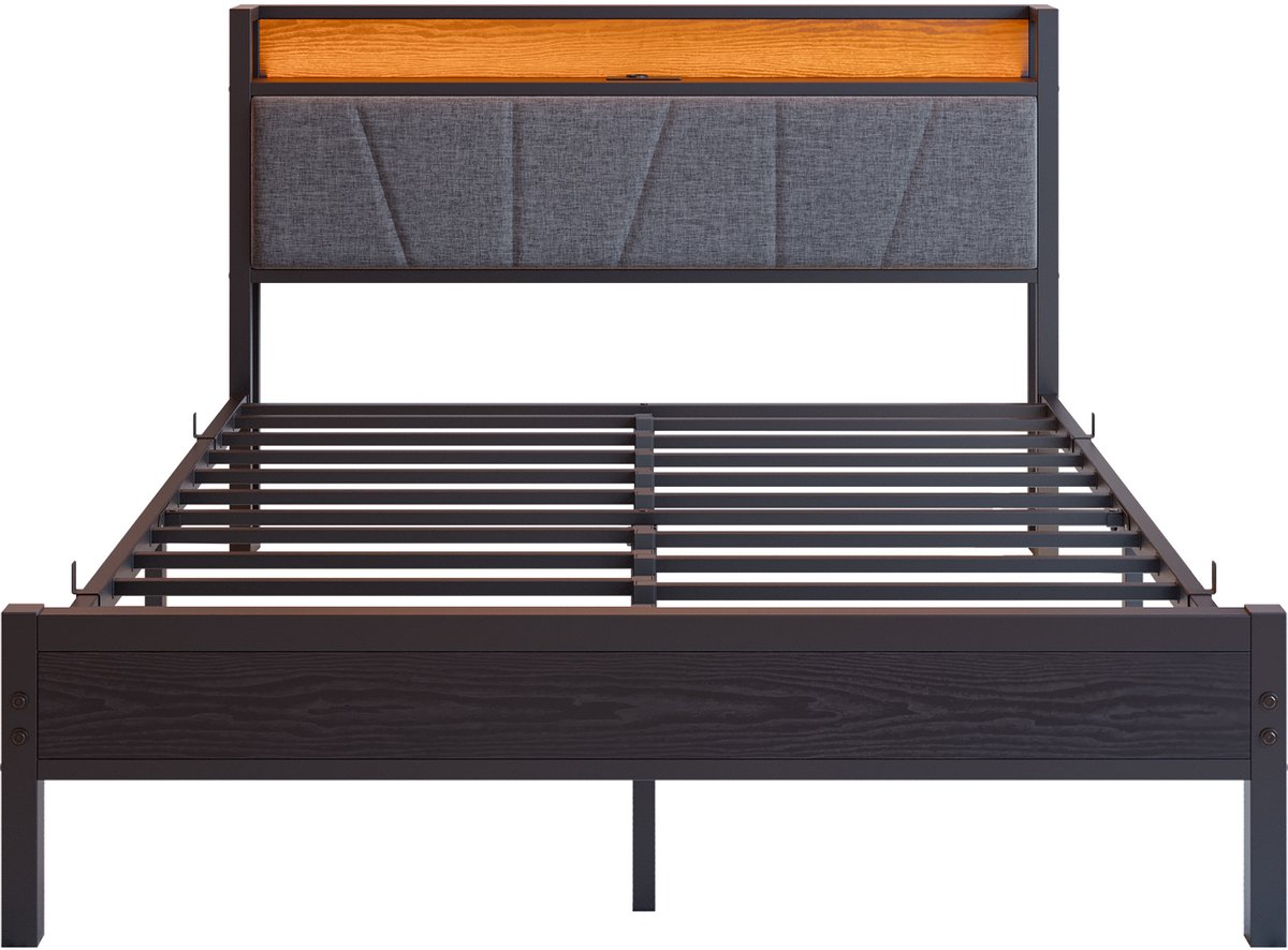 Bedframe van 140x200 cm met slimme ledverlichting, hoofdbord met geheugenfunctie en USB-laadstation, robuust metalen lattenbodem, geluidsarm, eenvoudig te monteren, geen boxspring nodig