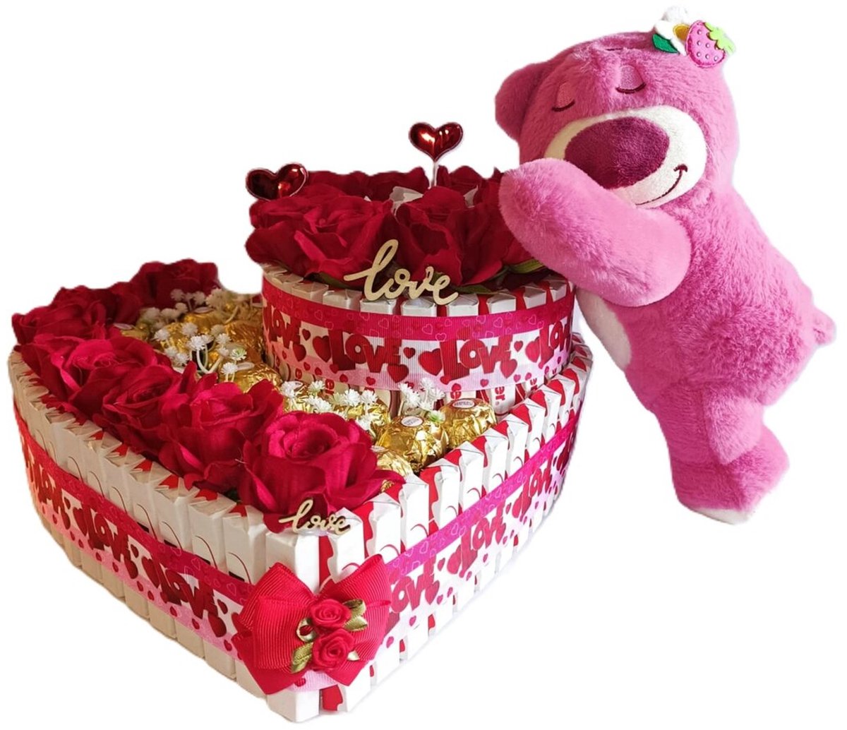 Hartvormige Luxe Snoeptaart met Roze Knuffelbeer, Rozen & Kinder Chocolade