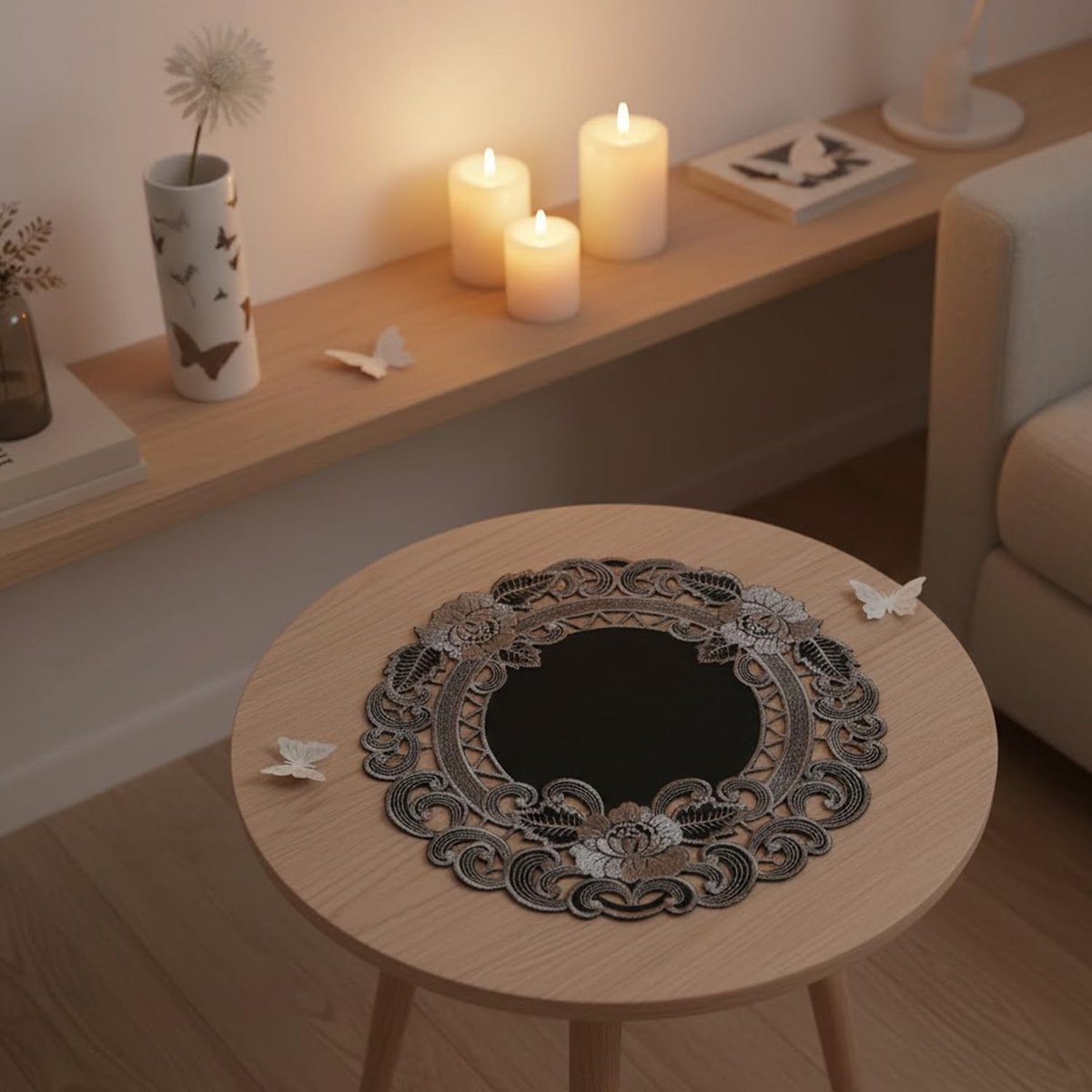 Ronde Tafelkleed Linnenlook met Bloemige Borduurdetails (40 cm)