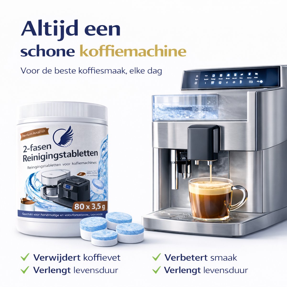 Reinigings tabletten Koffiemachine – 80 Stuks – 3.5 gram 2 Fasen – Extra Sterk – Jura, Siemens, Bosch, Philips, Saeco, Krups, De’Longhi geschikt — afbeelding 2