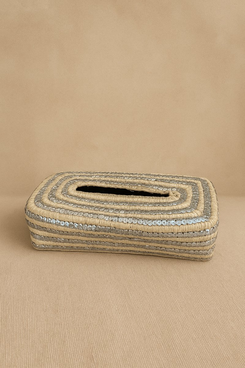 Raffia - handgemaakt - ibiza - boho - zilver - tissuebox - tissuehouder - handgemaakt