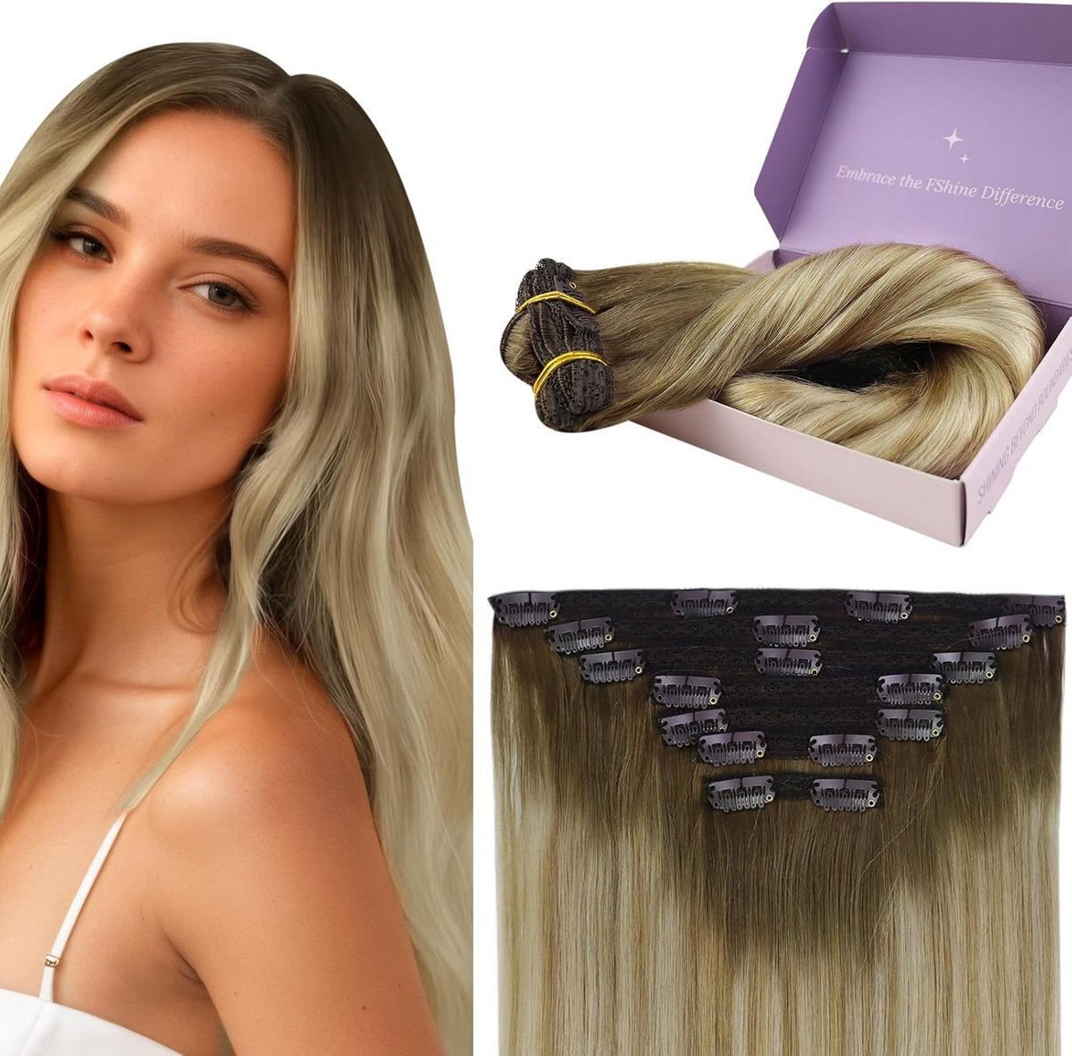Clip-in Haarverlenging 55 cm Middenbruin naar Honingblond - 7 Delen Echt Haar