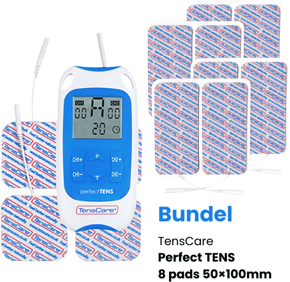 TensCare - Bundel Perfect TENS + 2x 4 pads 50×100mm (1 set) | TENS apparaat | Pijnverlichting | Elektrodentherapie | electroden pads tens | elektrodenpads | Zelfklevende Elektroden Pads |