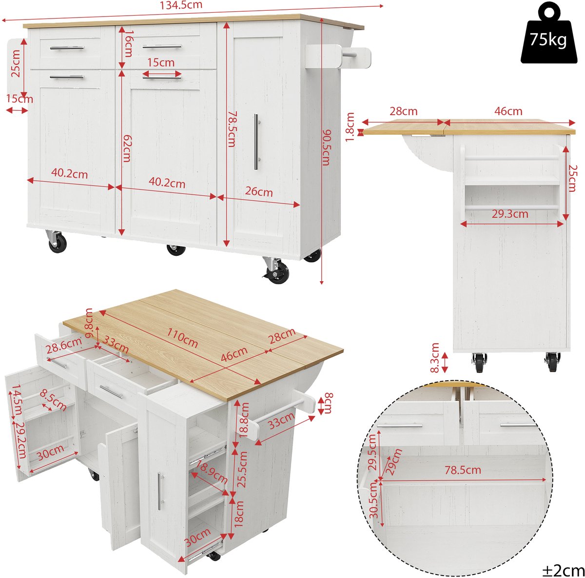Modern keukeneiland, keukenkastjes, dressoir, serveerwagen met houtnerfafwerking, multifunctionele eettafel met opbergruimte, serveerwagen met snackplanken en uitschuifbare kastjes, wit