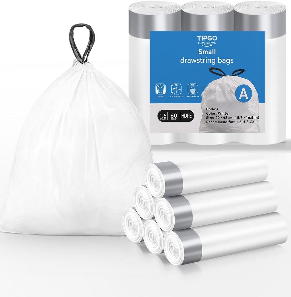 Kleine Afvalzakken met Trekkoord 60 Stuks, Geschikt voor Kleine Prullenbakken 1.2-1.8 Gallon