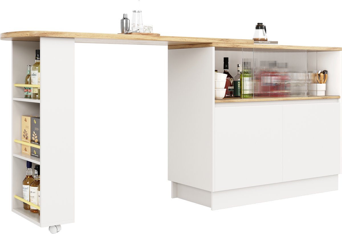 360° draaibare eettafelbar (hoofdgedeelte 90 x 45 x 100 cm), modern, eenvoudig, multifunctioneel, draaibaar dressoir met planken en glas, geschikt voor keukens en restaurants.