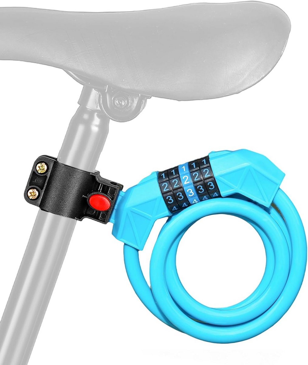 Fietsslot met montagehouder, 4-voet-fietskabel, basic zelfopwikkelende 5-cijferige resetbare combinatiekabel, fietsslot, voor fiets, motorfiets, scooter (blauw)