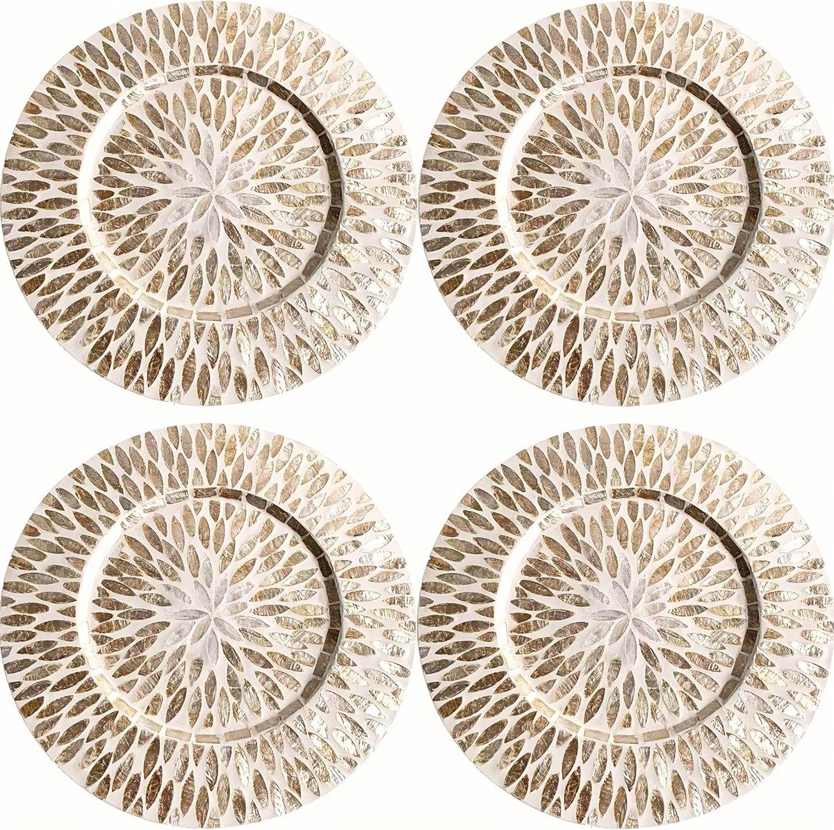 Set van 4 Ronde Houten Placemats met Parelmoer Inleg - Serveerborden 33 cm