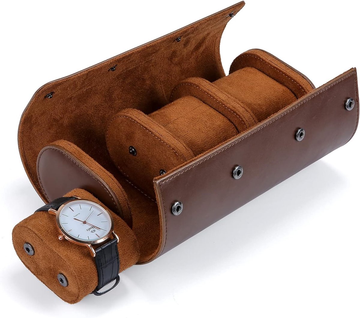 Luxe PU-lederen etui voor 3 horloge, opbergrol, ideaal als cadeauverpakking of horlogedoos voor een verjaardag,Bruin