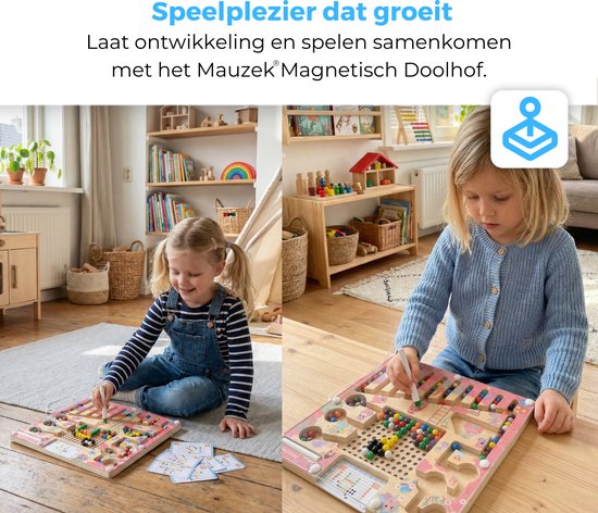 Twee meisjes spelen met een magnetisch doolhof. Een meisje zit op de vloer, de ander zit op de bank.