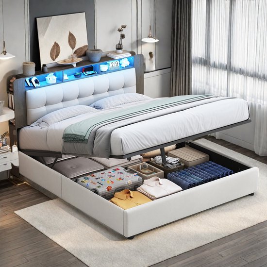 Opbergbed Beige Fluwelen Boxspring met Gaslift Opslag - Opbergbed - €290,99