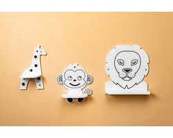 CozyCollections –Kinderboekenkast - Boekenrek - Speelgoedkast - Wandplaken - Dieren Wandrek Set – 3-delig (Giraf, App & Leeuw ) – Houten Wandplanken Kinderkamer