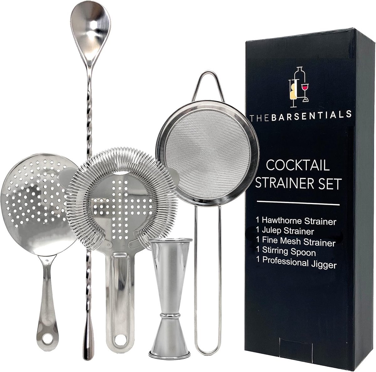 Professionele Cocktail Zeef Set RVS (Hawthorne, Julep & Fijne Zeef) met Roerlepel