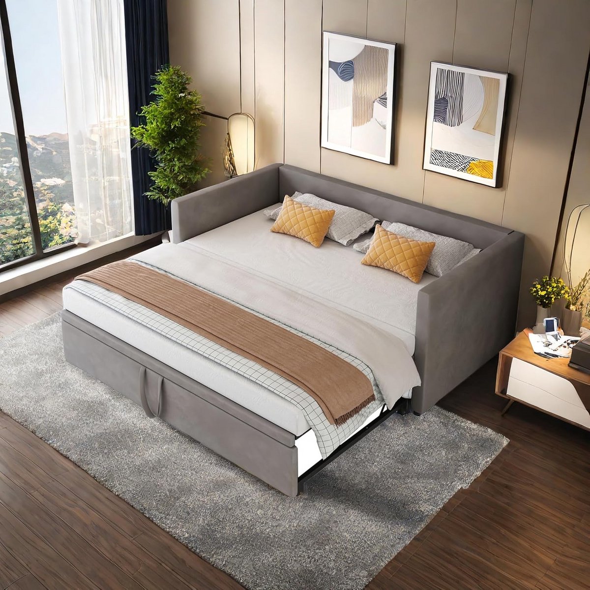 Uitschuifbare Slaapbank 90x200cm tot 180x200cm - Flexibele 2-zitsbank met Lattenbodem, Beige Velours