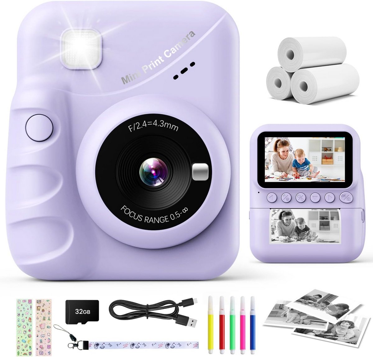 Kinder Camera Direct Printen met 3.0'' HD Scherm en 48MP Fotocamera - Inclusief 32GB Kaart en Printpapier - Digitaal Cadeau voor Jongens en Meisjes 3-12 Jaar (Paars)