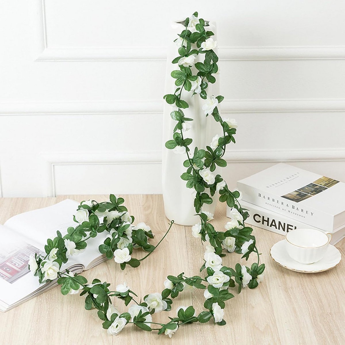 Witte Kunstrozenslinger 2 Stuks 200cm Zijden Bloemen voor Bruiloft en Woondecoratie