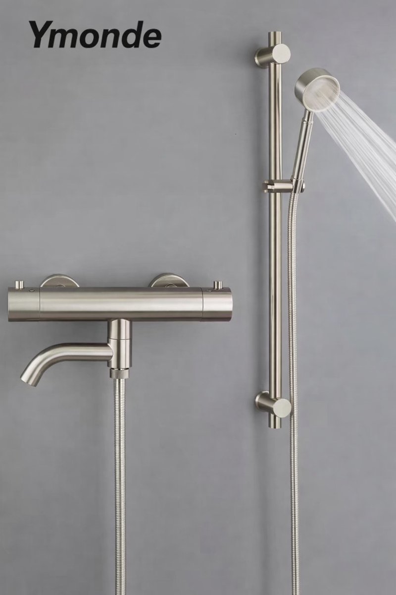 Ymonde Tweedelige Chroom Doucheset – Douchekop + Glijstang + Douchekraan – Opbouw – Modern Design – Zilver/Chroom