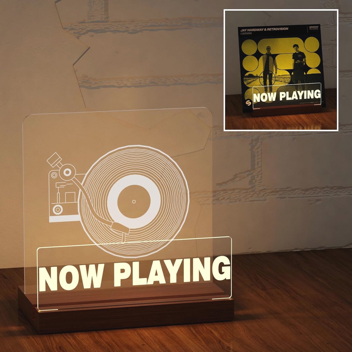 Verlichte Vinyl Platen Stand met Houten Accenten en LED-display