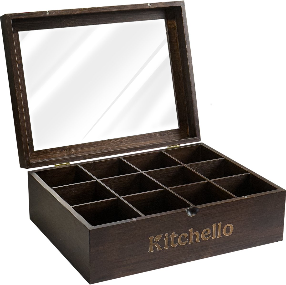 Theedoos 12 vakken - Bamboe - Houten Theedoos met Plexiglas - Magneetsluiting - Donker Bruin - Kitchello