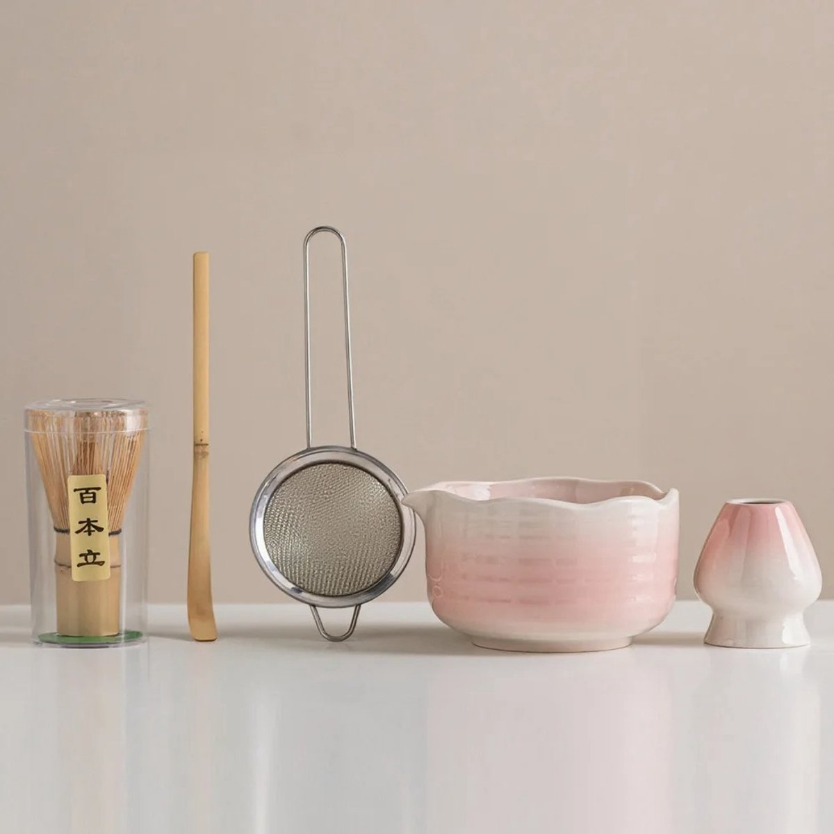 Matcha Set- 7delig- Matcha klopper - Matcha kom - Matcha whisk - Bamboe Garde-Gradient Pink