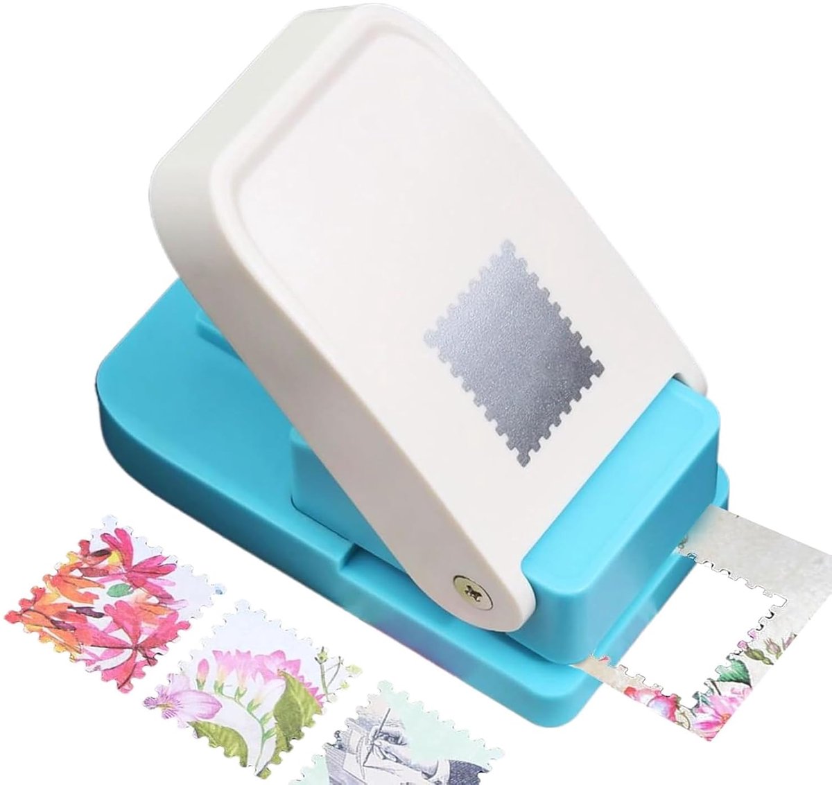 MDUG Postzegel Vorm Pons - Papiersnijders - Stempelperforator - Blauw - Rechthoekige stempelperforator - Draagbare perforator met hendel - Geschikt voor papierknutselwerk, scrapbooking, het maken van kaarten en andere kunst- en knutselprojecten