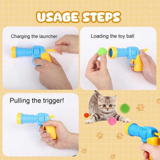 Stappen voor het gebruik van het kattenspeelgoed: laden, laden, trekken. Kat speelt met ballen.