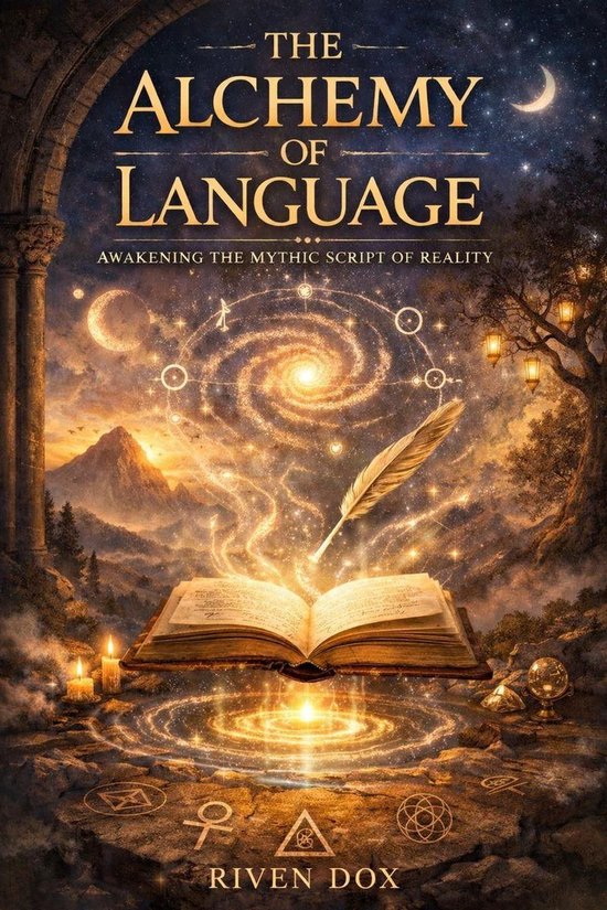Boekomslag: 'The Alchemy of Language' met een open boek, veer, en mystieke symbolen in een fantasiewereld.
