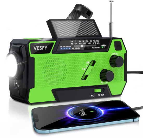 Vesfy Noodradio Solar Opwindbaar - Oplaadbaar & Batterijen - 7400mWh - LED Zaklamp - AM/FM Radio - Draagbare Radio voor Noodpakket