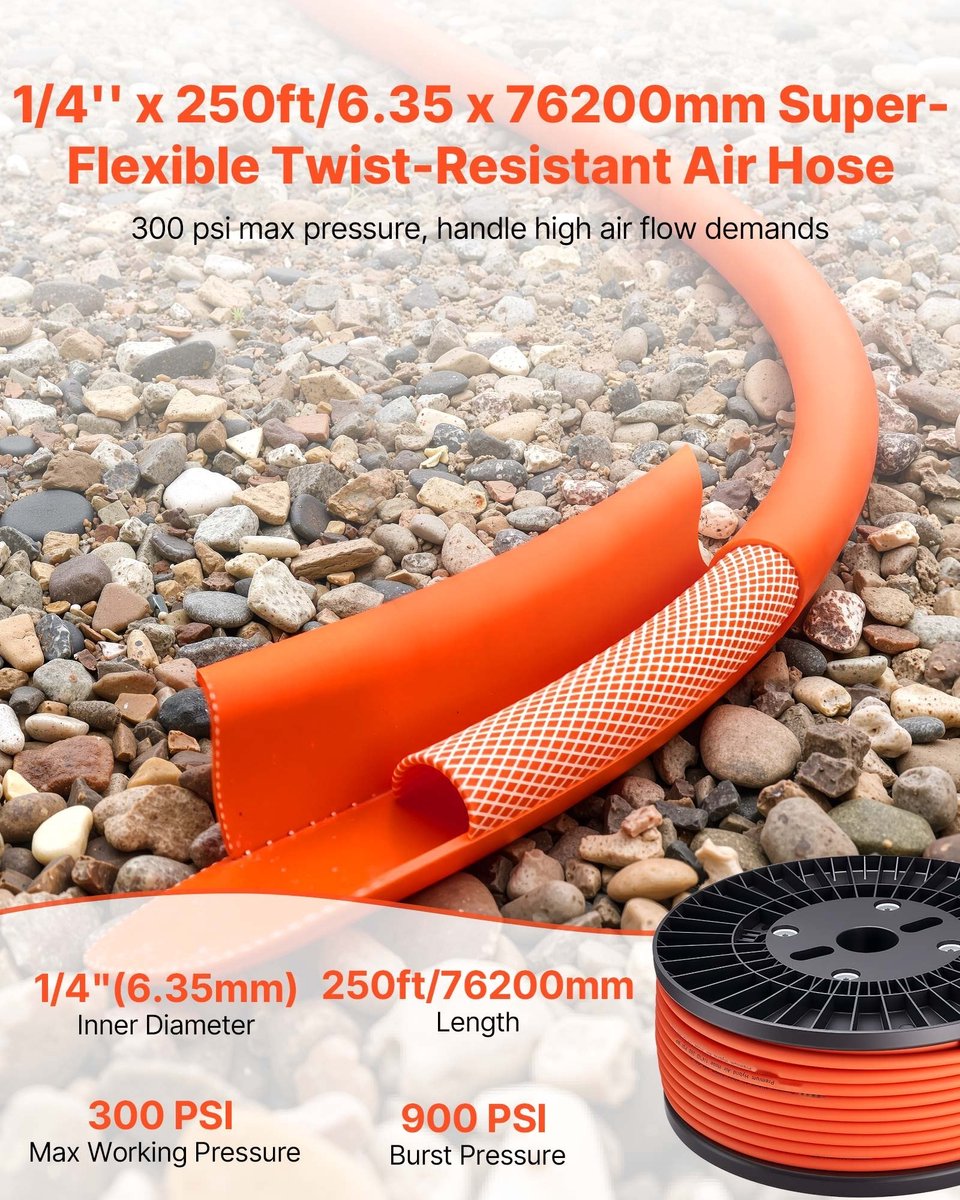 Persluchtslang - Hybride Pneumatische Slang - Afmeting 6,35 mm x 76,2 m - Werkdruk 20,6 Bar - Drielaags Materiaal - Weerbestendig En Flexibel - Voor Compressor - Oranje