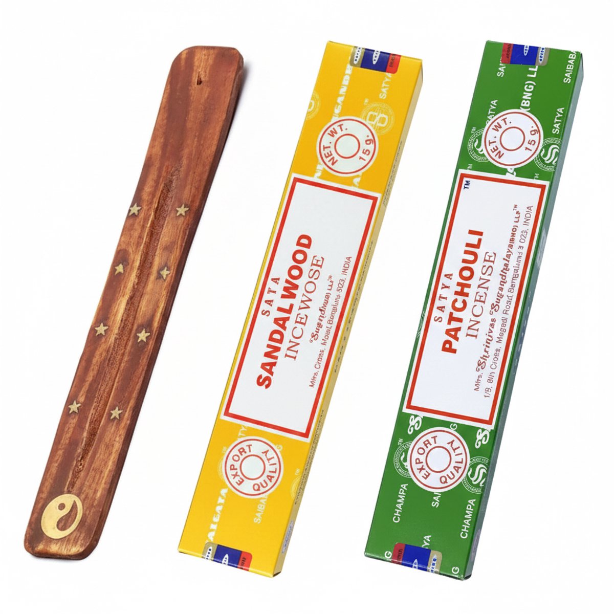 Yin Yang wierook set — houten wierookhouder + Patchouli & Sandalwood wierook — balans, rust & grounding — meditatie & mindfulness cadeauset