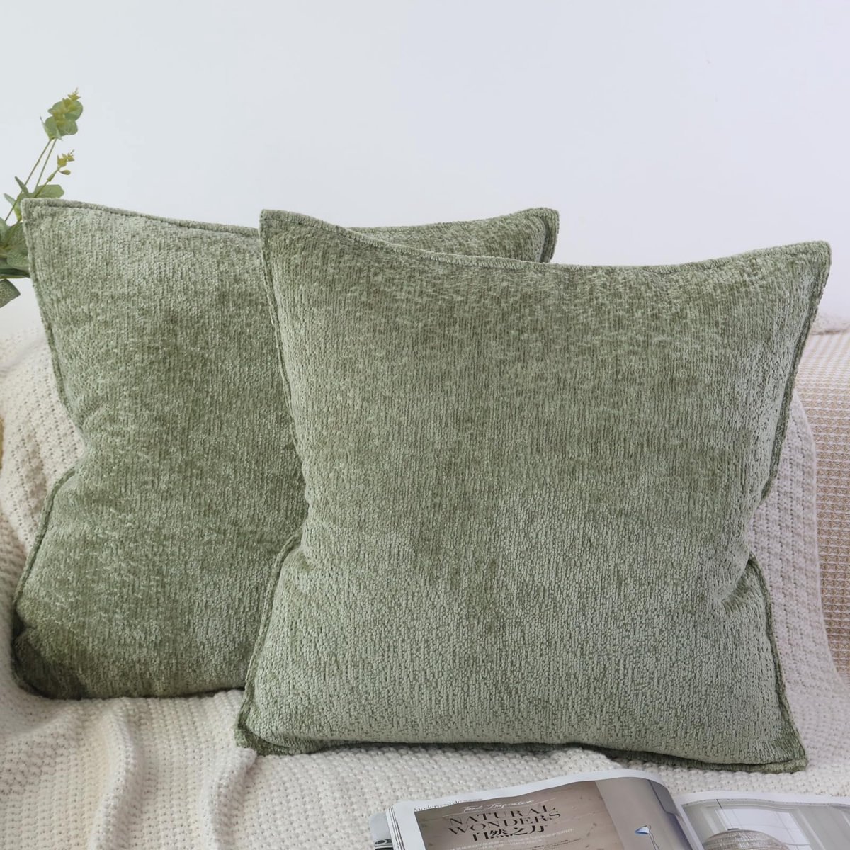 Unyqoos Set van 2 groene chenille kussenslopen voor luxe en sfeervolle decoratie