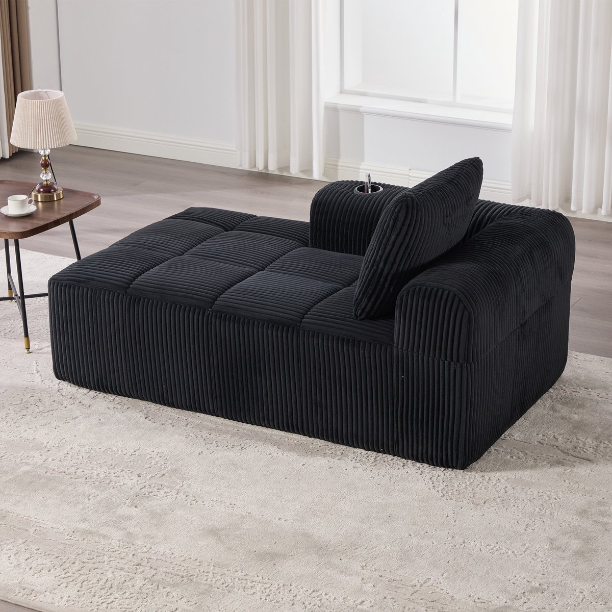 OKWISH Zitbank – 2-Zits Compacte Sofa Met Ribfluweel Bekleding – Met Zijvakken & Ingebouwde Bekerhouders – Hoogdicht Schuim Met Veerelementen – Stof – Zwart