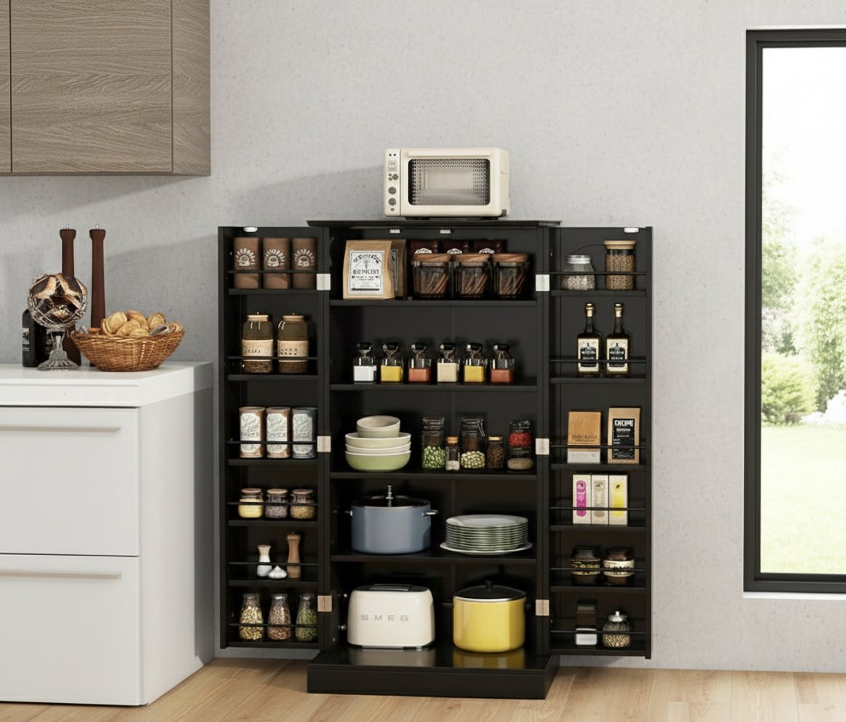 Keukenkast Opbergkast met 2 Deuren en 6 Verstelbare Planken – Multifunctionele Buffetkast / Voorraadkast – Metanti-kantel beveiliging – Grote Opslagruimte – 60 x 40 x 120 cm – Zwart – House&Garden