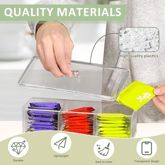 Plastic Theedoos met 3 Laden Opbergdoos voor Theezakjes Stapelbaar Theedoos Verticaal of Horizontaal Doorzichtig Theezakjes Theedoos Organizer voor Theezakjes, Koffiepads, Zoetstoffen, Suiker