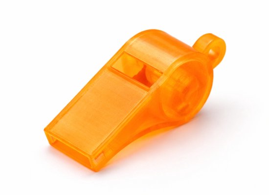 Doorzichtig oranje fluitje met bal.