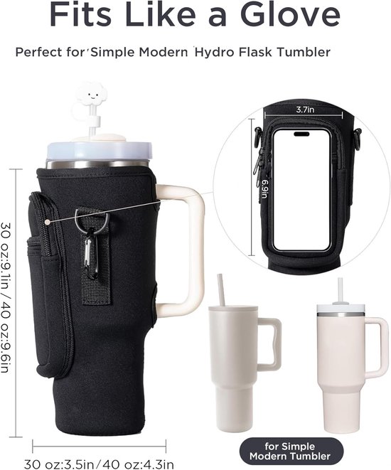 Waterfles houder-Tweedelige draagtas voor waterfles - waterfles niet inbegrepen - met telefoonvak - geschikt voor waterflessen van 1,2 liter/886 ml - tas met waterfleshouder - met verstelbare schouderband - met rietjeshouder - zwart-wit - 25x10 cm — afbeelding 2