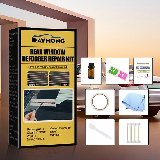 Rayong achterruitontdooier reparatieset met reparatiekit, flesje, doekjes, tape, microvezeldoek, mengstokje en wattenstaafjes.