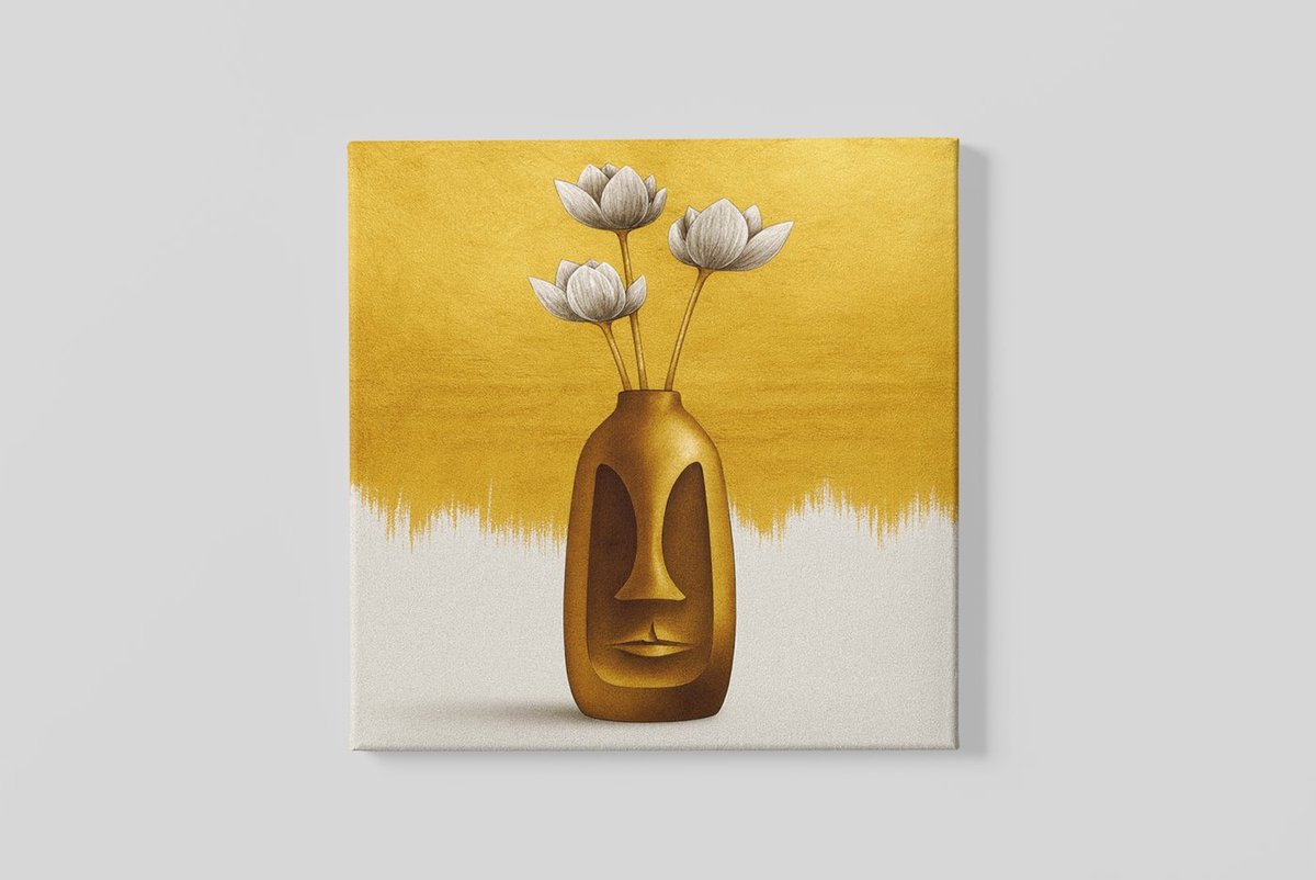 Trendex Global Vierkant Canvas Schilderij - Witte bloemen in vaas - Kunst - 60x60 cm Geel