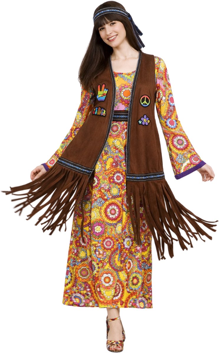 Joya Party® Hippie Jurk Dames Vest & Hoofdband | Jaren 60 & 70 Flower Power | Stretch Lange Jurk | Verkleedkostuum Vrouw | Carnaval, Themafeest & Halloween |