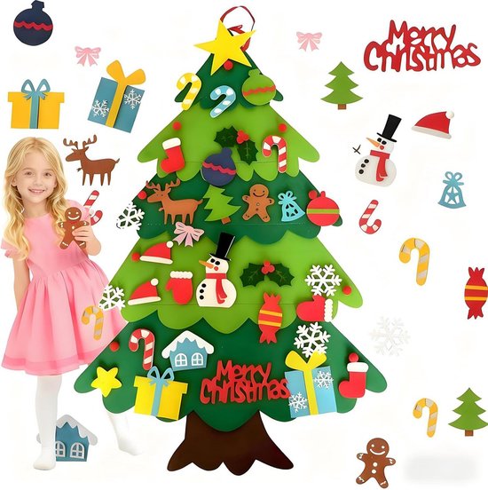 XIAOMAOMAO Vilten kerstboom voor kinderen, 110 cm, doe-het-zelf vilten kerstboom met 34 stuks afneembare ornamenten, kerstcadeaus, nieuwjaarsmuurbehangdecoraties