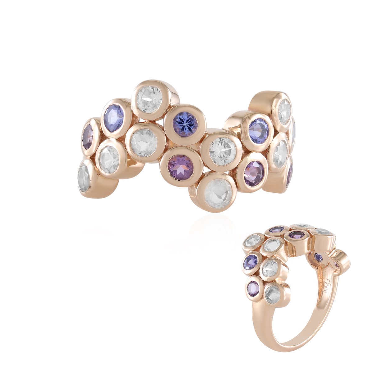 Cavill - Zilveren ring met roségoud verguld - 1,98 ct tanzaniet, amethist & blauwe maansteen - ronde slijpvorm - Elegante damesring met zirconia