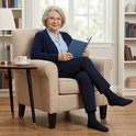 Oudere vrouw in beige fauteuil, leest boek. Draagt lichtblauwe blouse, donkerblauwe vest en sokken.