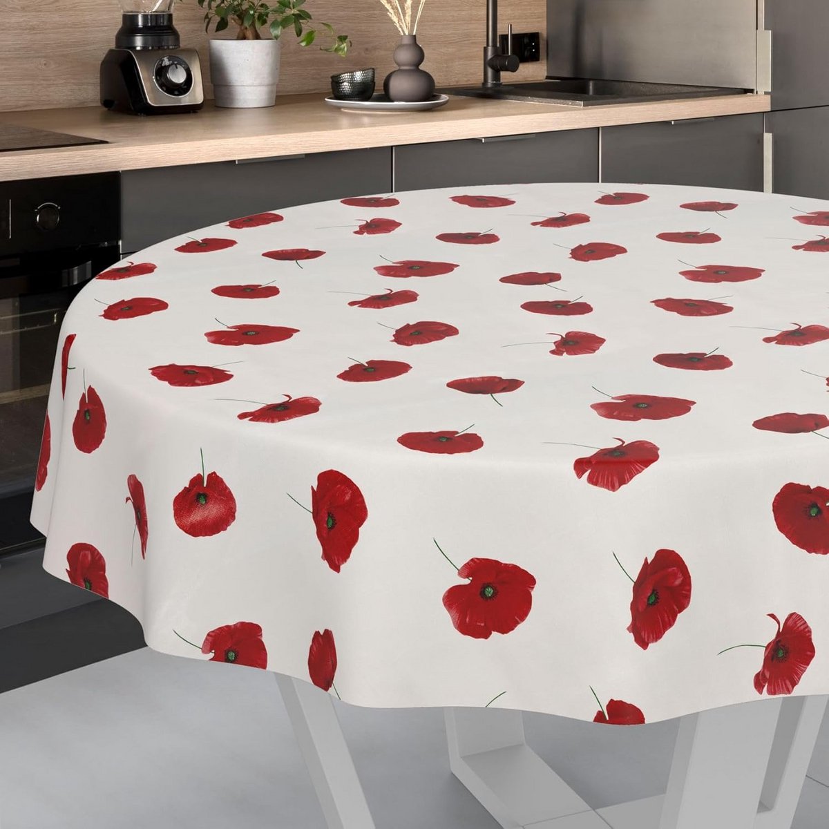Rond Tafelkleed Wasbaar en Waterafstotend met Klaprozen Design voor Binnen en Buiten