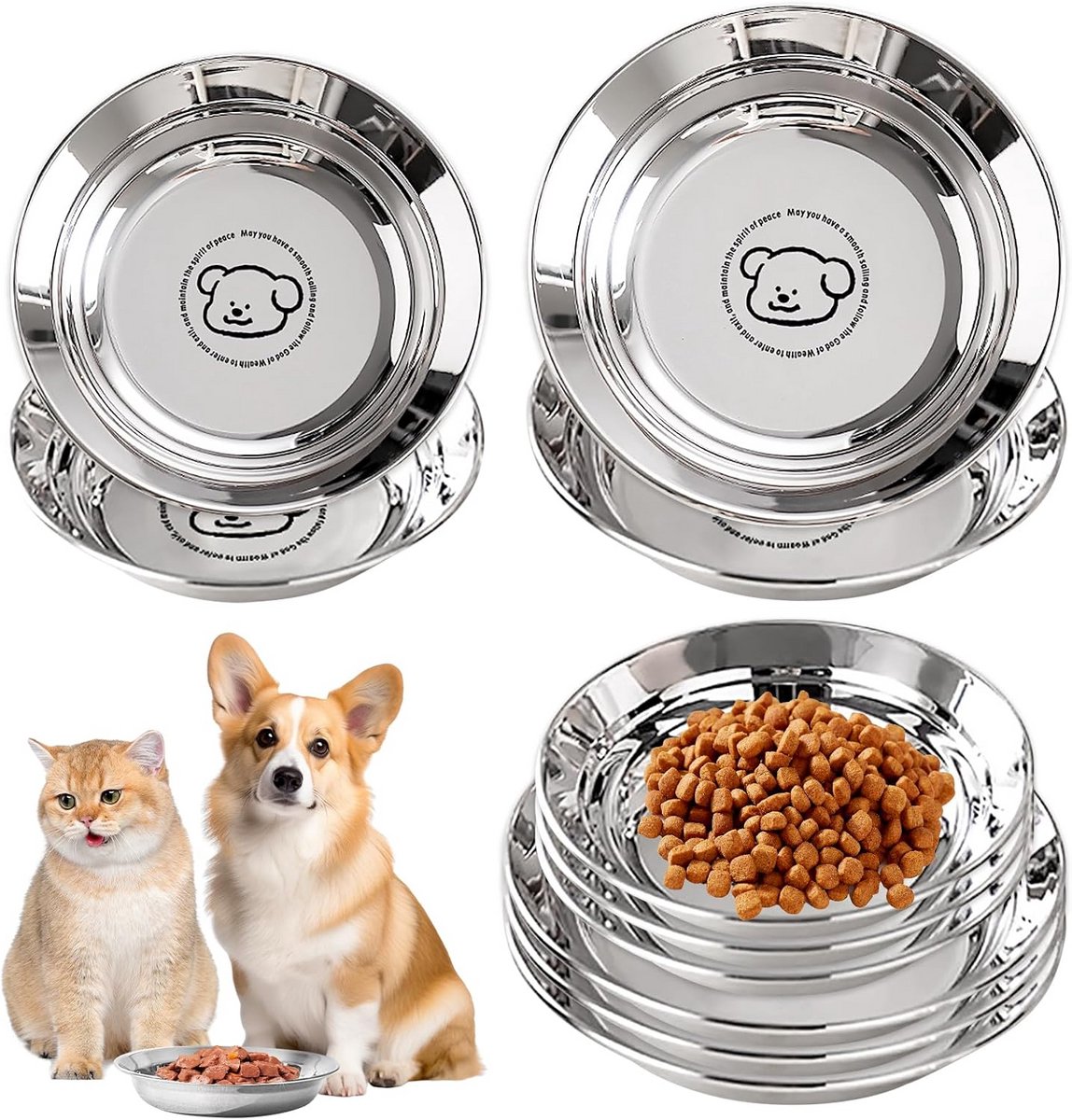 Set van 10 RVS Voerbakken voor Katten en Puppy's - Diverse Maten (14 & 16 cm)
