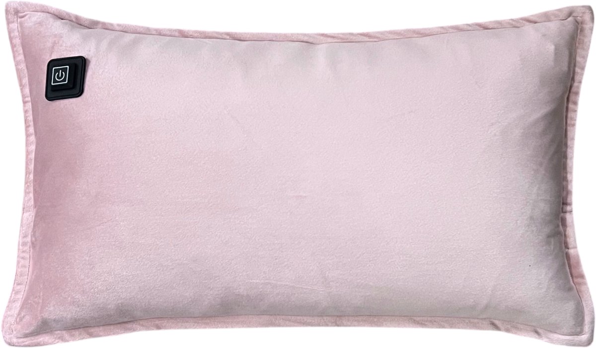 Warmpi Warmtekussen Fluweel Roze – 50x30 cm – Elektrisch Verwarmd Ergonomisch Kussen – Inclusief 10.000 mAh Powerbank – 2 Infrarood Warmtepanelen aan de voorkant – 3 Warmtestanden tot +/- 60°C