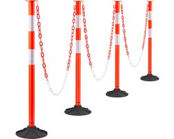 VEVOR Verkeersafbakeningspaal 4-Delig (871MM) met Verzwaarde Voet en Reflecterende Strips en Kettingen, Waarschuwingspaal voor Bouwplaatsen, Parkeerterreinen en Dranghekken