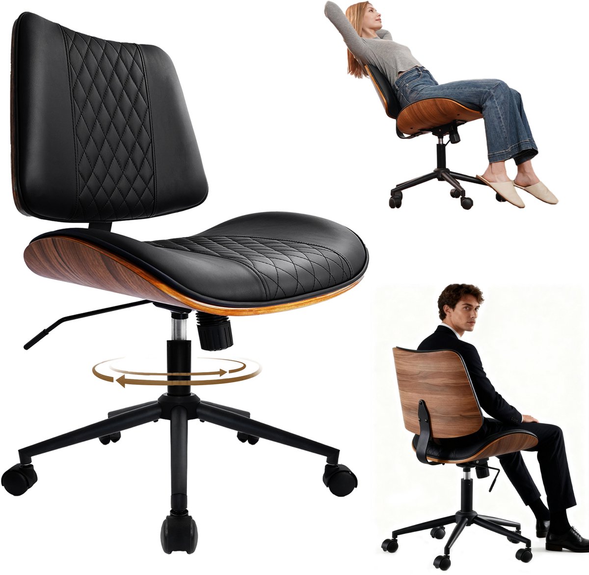Durrafy - Bureaustoel - Ergonomisch Bureaustoel - Bureaustoelen voor Volwassenen - Bureaustoel zonder Armleuningen - Verrijdbaar & In Hoogte Verstelbaar - (90°-125°) Kantelbare Rugleuning - Houten Afwerking - Kunstleer - Walnoot - Zwart - Durrafy - €81,59